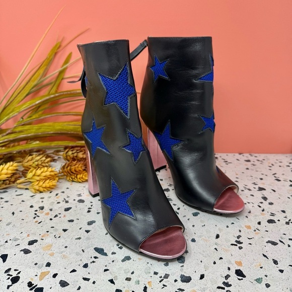 NEW Tommy Hilfiger Leather Metallic Black Star Women’s Peep Toe Boots Sz 36 / 6 - Picture 3 of 12